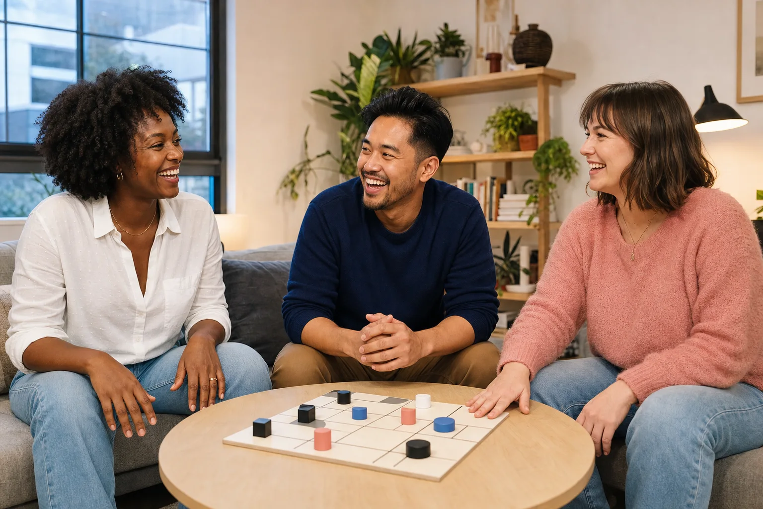Three friends laughing together around a board game