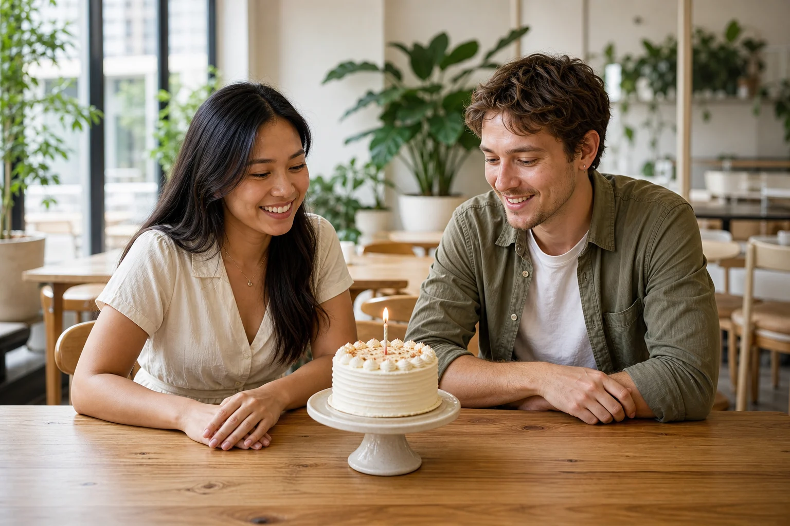 Two friends celebrating together with a small cake in a bright public cafe