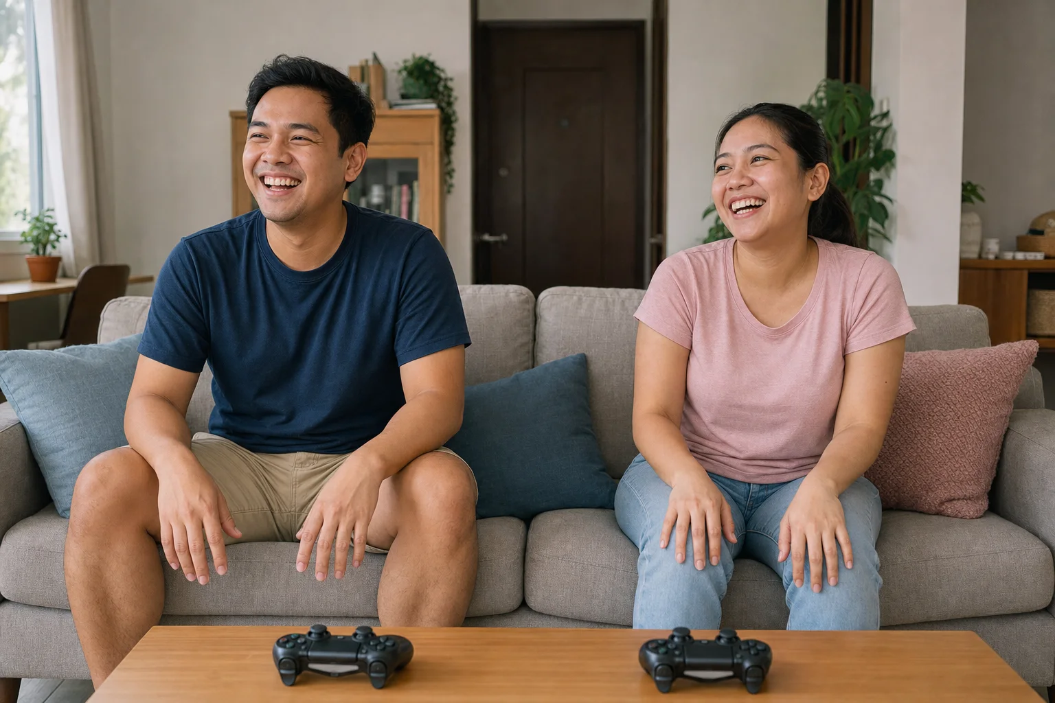 Two friends laughing together during a relaxed gaming session