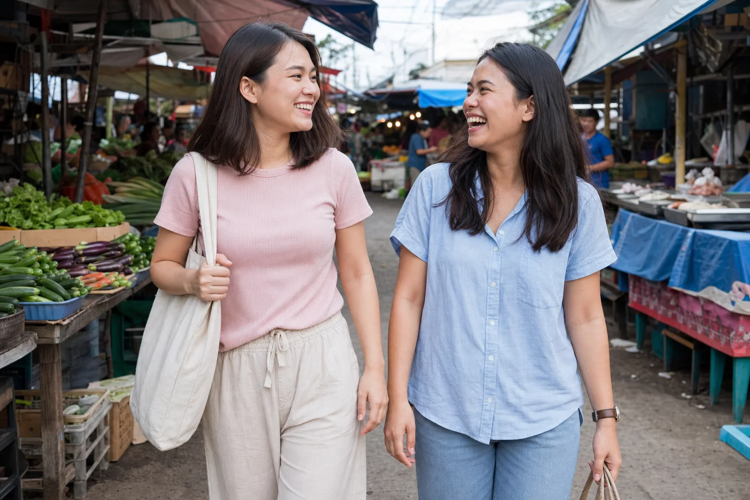 Two friends laughing while exploring a neighborhood market together