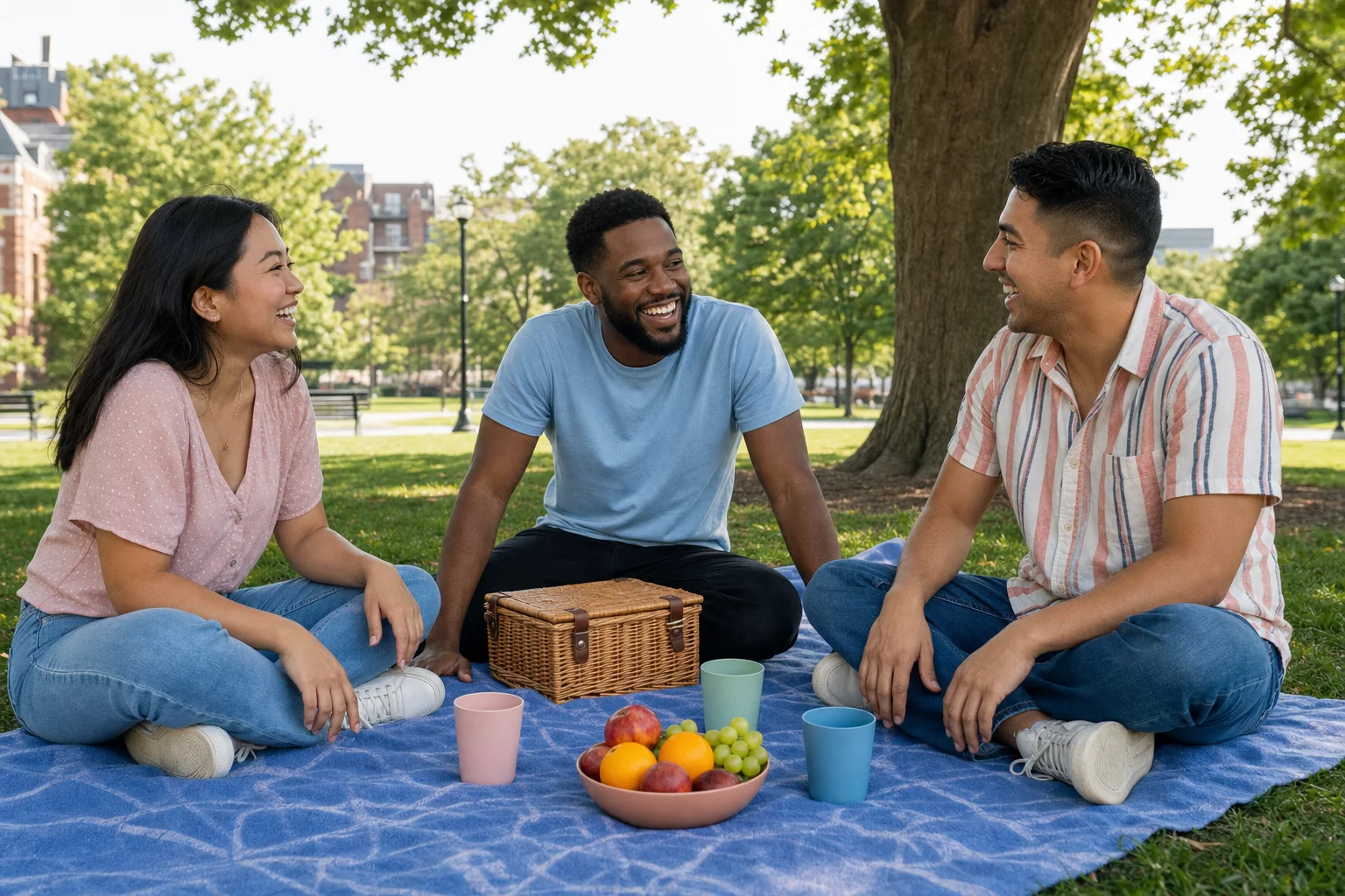Three friends enjoying a relaxed picnic in a public park