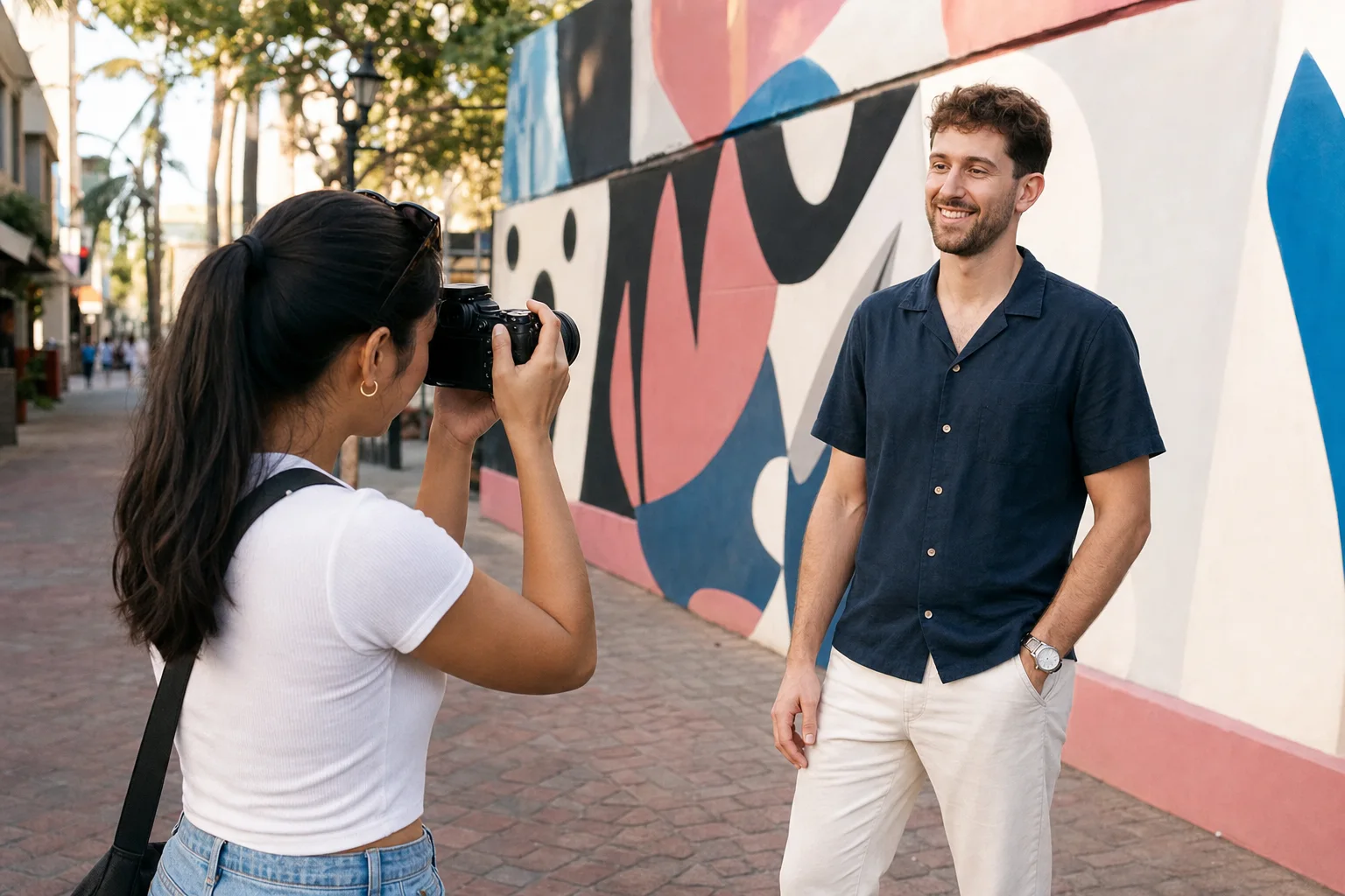 A woman photographs her friend posing beside a colorful public mural
