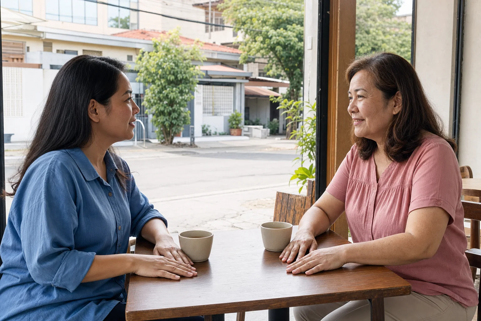 Two women enjoying a friendly conversation in a bright public cafe