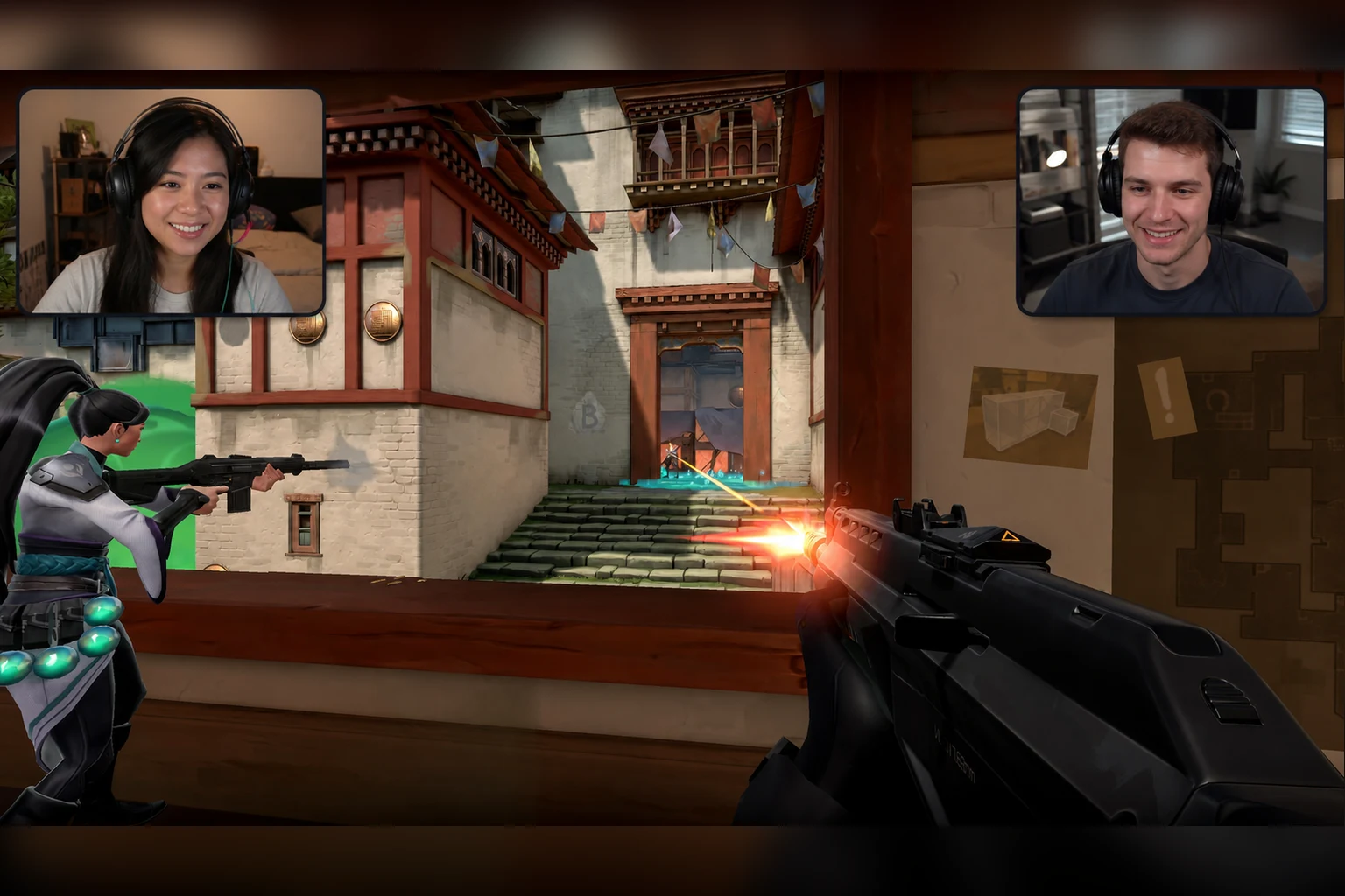 Two friends in separate webcam panels gaming together remotely